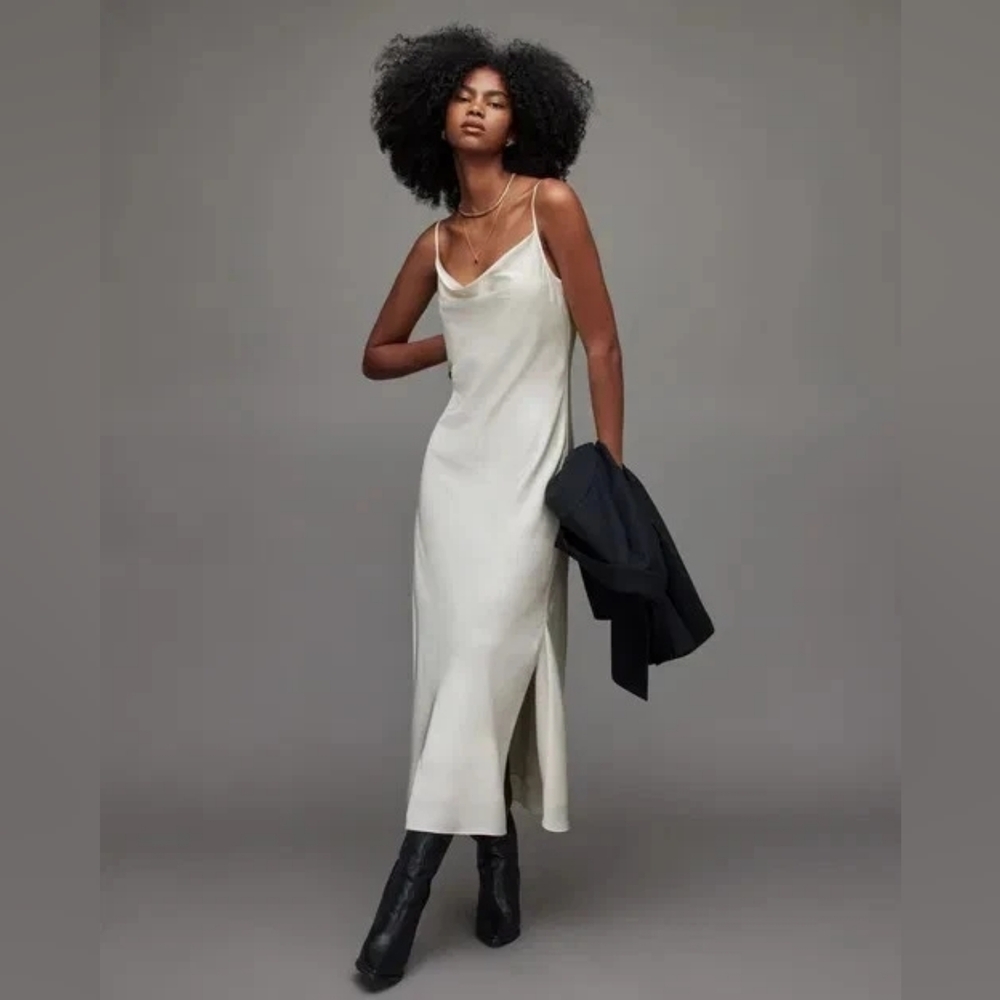 All Saints Cream Satin Cowl Neck Slip Dress Size 6